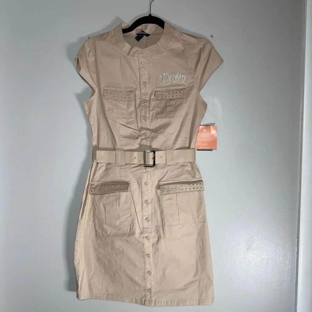 NWT Vintage Y2K Dereon Tan Cargo Utility Rhinestone Belted Dress